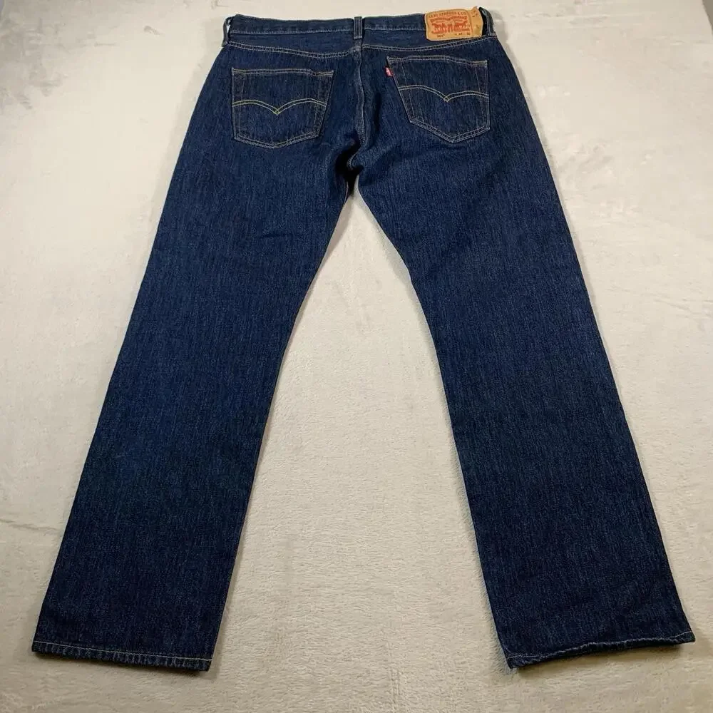 Levis 501 Jeans Mens 34x30 Blue Straight Button Fly Dark Mid Rise Distressed - Picture 10 of 12